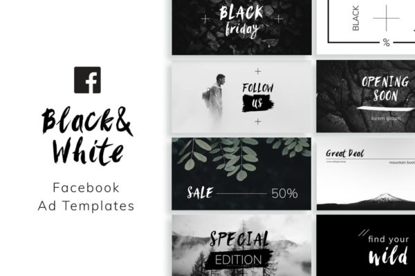 时尚黑白Facebook社交媒体广告模板 Black &amp; White Facebook Ad Templates