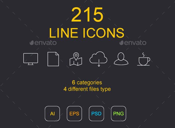 线框图标素材包 215 Line Icons（PSD, EPS, AI, JPG&PNG）