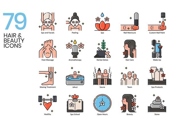 素材库下午茶：美容美发健身彩色图标下载[Ai]
