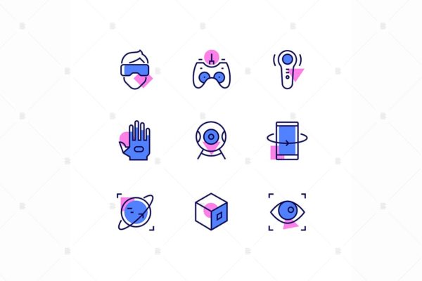 虚拟现实主题线条设计风格矢量素材库精选图标 Virtual reality – line design style icons set