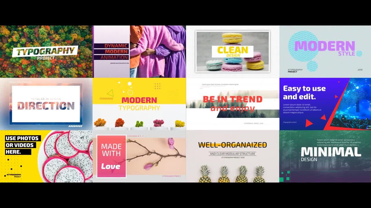 12个现代版式整洁创造性动画标题素材库推荐PR模板