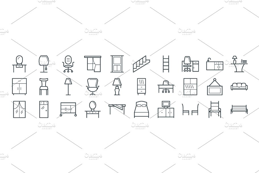 100个家居家具矢量线条图标 100 Furniture Vector Icons插图(2)