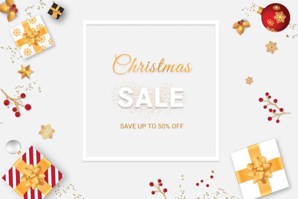 圣诞节网上商城促销活动背景Banner设计模板 Christmas Sale Banner In White , Red Background
