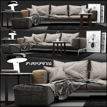 三人座位的皮质沙发茶几台灯素材之家精选3D模型