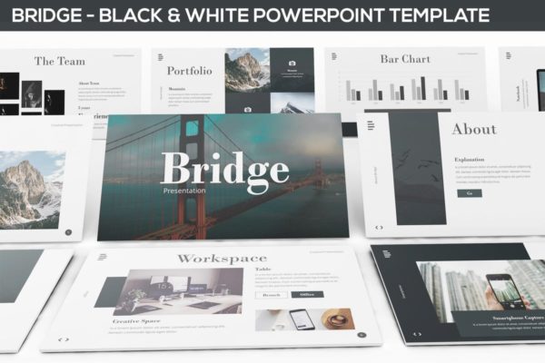 极简主义企业宣传PPT模板素材 Bridge – Black &amp; White Powerpoint Presentation