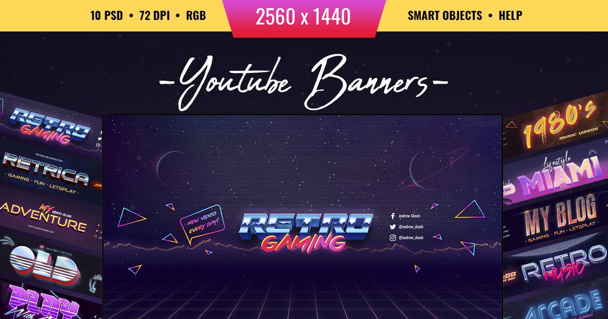 80年代复古风格YouTube频道Banner模板 80s Retro – Youtube Channel Art插图