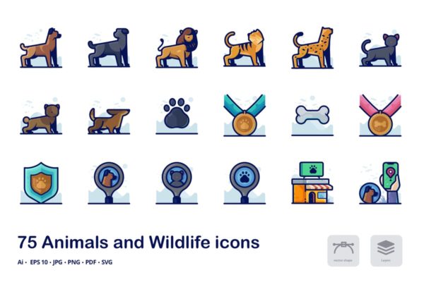 动物世界描边矢量图标合集 Animals Detailed Filled Outline Icons