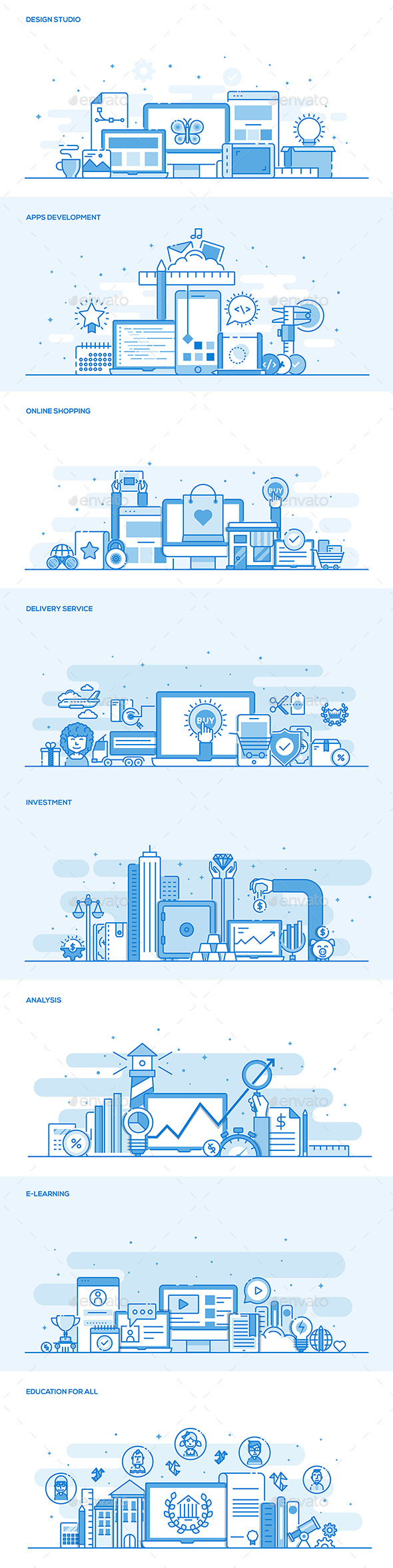 扁平彩色条幅 Banner 素材 Set of Flat Line Color Banners（一）插图