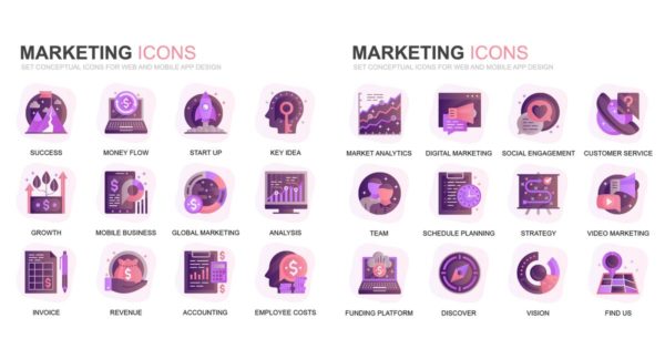 现代扁平化渐变设计风格市场营销主题图标素材
