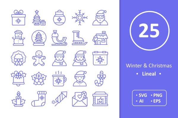 冬天/圣诞节主题矢量线性图标 Winter and Christmas Icons – Line