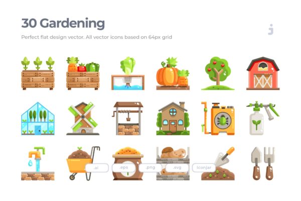 30枚农业&amp;园艺扁平设计风格矢量图标 30 Farming and Gardening Icons – Flat