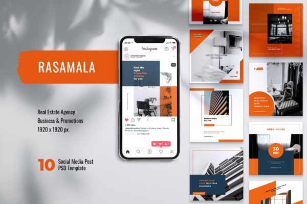 房地产销售租赁Instagram&amp;Facebook社交贴图设计PSD模板素材库精选 RASAMALA Real Estate Instagram &amp; Facebook Post