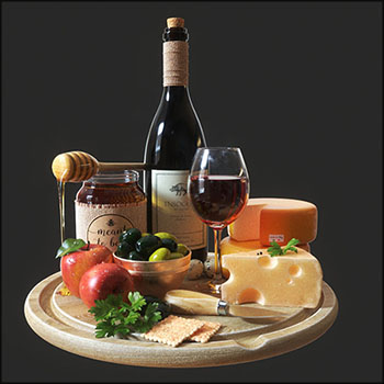 红酒奶酪和苹果等食物素材之家精选3D模型