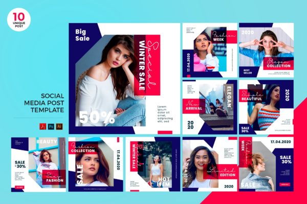 时尚品牌促销活动宣传社交媒体PSD&amp;AI模板素材库精选 Trendy Fashion Social Media Kit PSD &amp; AI Template