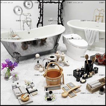 现代浴缸马桶毛巾香皂洗漱用品组合素材之家精选3D模型