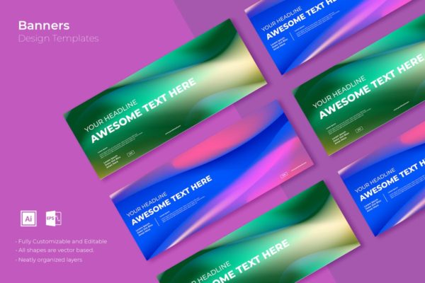 渐变丝带波纹图形广告Banner图设计模板v31 SRTP Banners Template.31