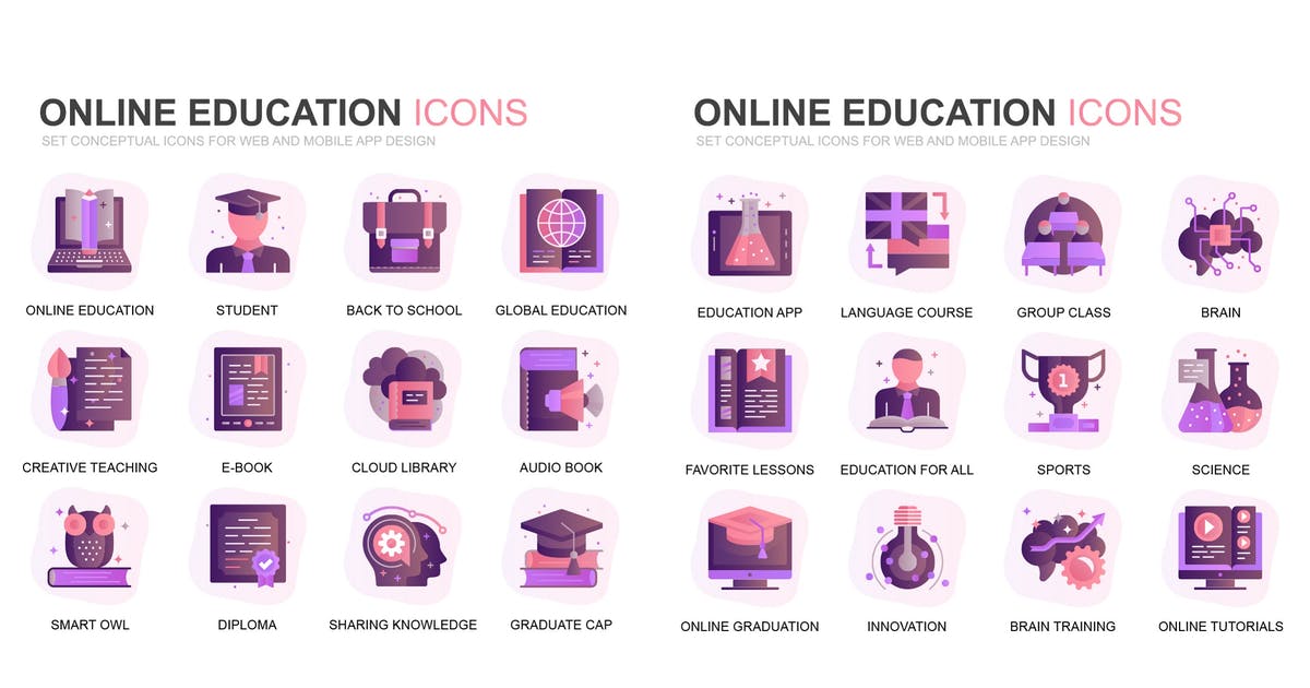 现代扁平化渐变设计风格在线教育&网上培训主题图标素材插图