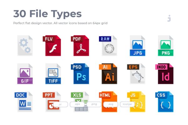 30种文件格式扁平设计风格素材库精选图标 30 File Types Icons – Flat