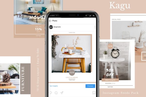 Instagram社交信息流照片贴图设计模板素材库精选 Kagu – Instagram Feeds Pack