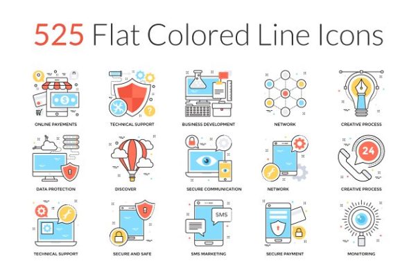 525枚扁平风格彩色线条图标 525 Flat Colored Line Icons