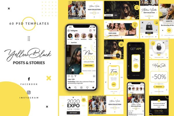 时尚黄黑配色Instagram&amp;Facebook社交设计素材包 Yellow Black – Instagram&amp;Facebook – Stories&amp;