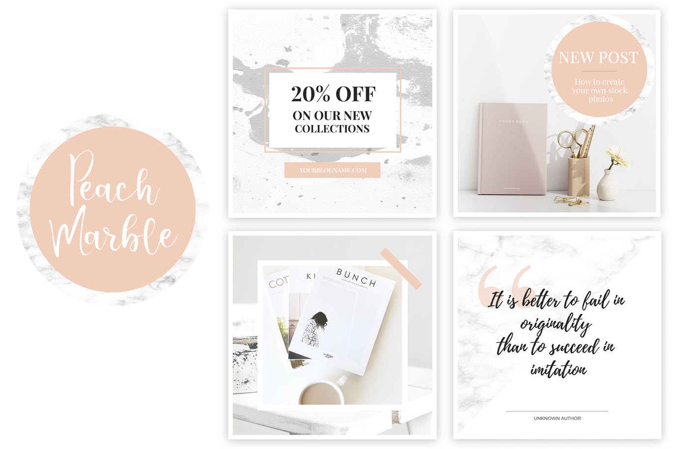 桃色大理石纹理Instagram社交推广设计素材包 Canva Instagram Templates. Peach & Marble插图(1)