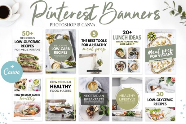 Pinterest图钉社交平台美食品牌推广设计模板素材库精选v3 Canva Pinterest Templates V.3