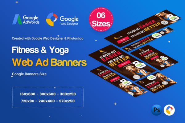 瑜伽＆健身谷歌广告Banner设计模板 Yoga &amp; Fitness Banners Ad D35 – GWD &amp; PSD
