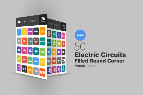 50枚电路线路板主题扁平化矢量圆角素材库精选图标 50 Electric Circuits Flat Round Corner Icons