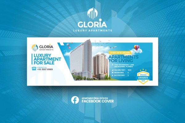 高级公寓出售出租社交素材库精选广告模板 Gloria – Apartmens Facebook Cover Template