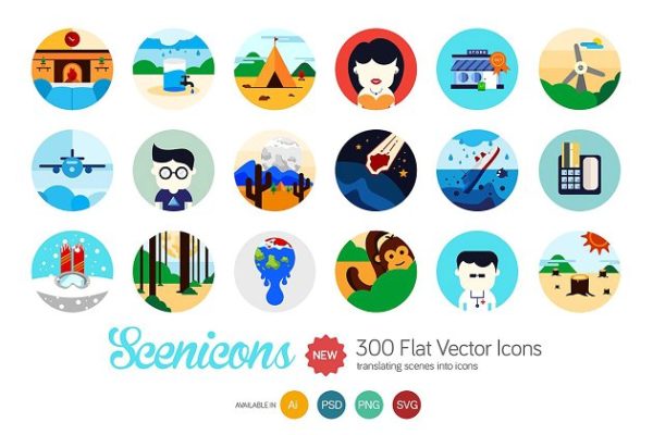 手绘插画图案扁平风格图标集 Scenicons Flat icons – 300 icons