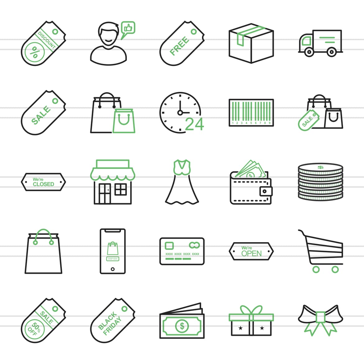 25枚黑色星期五主题绿黑色矢量线性素材库精选图标 25 Black Friday Line Green & Black Icons插图(1)