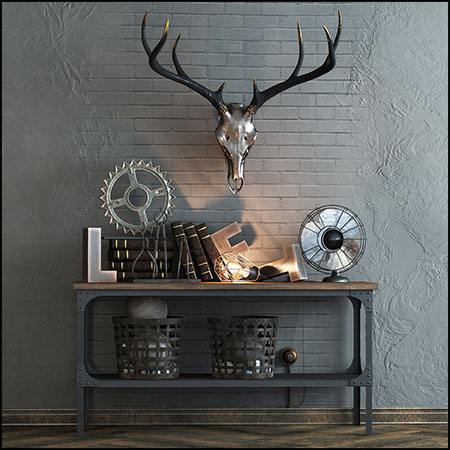 鹿头骨和风扇书籍室内摆件装饰品素材之家精选3D模型