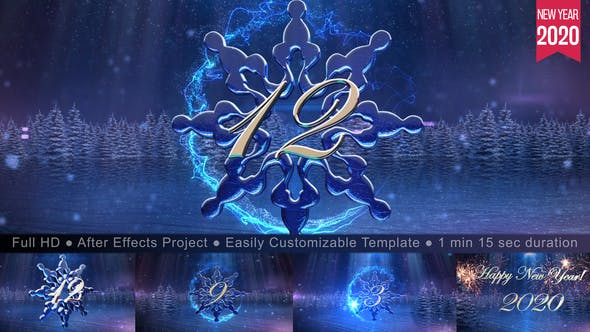 2020年创意雪花冰雕倒计时动画特效片头视频素材素材库精选AE模板 New Year Snowflake Countdown 2020