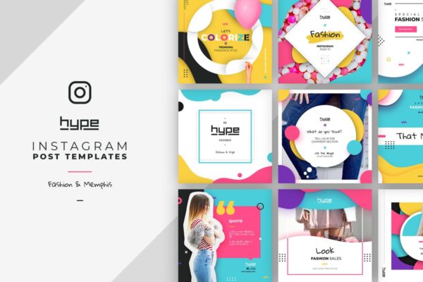 孟菲斯时尚风格Instagram文章贴图模板素材库精选 Memphis style fashion Instagram post template