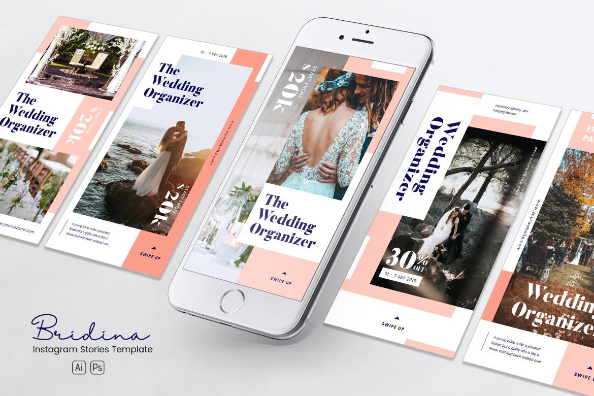 婚礼策划/婚庆公司Instagram社交平台品牌故事PSD&AI模板素材库精选 Wedding Organizer Instagram Stories PSD & AI插图(1)