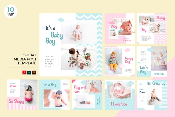 新生儿＆婴儿品牌推广社交媒体PSD＆AI模板素材库精选 Newborn Baby Social Media Kit PSD &amp; AI Template