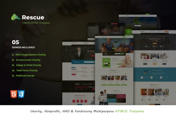 非营利慈善组织网站设计HTML5模板素材库精选 Rescue – Nonprofit Multipurpose HTML5 Template