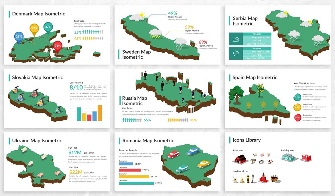 欧洲国家地区地图图形PPT幻灯片设计素材 Europe Maps Isometric & Legends For Powerpoint插图(3)