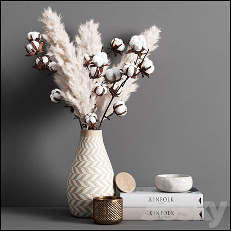 书本和花瓶里的棉花装饰品素材之家精选3D模型