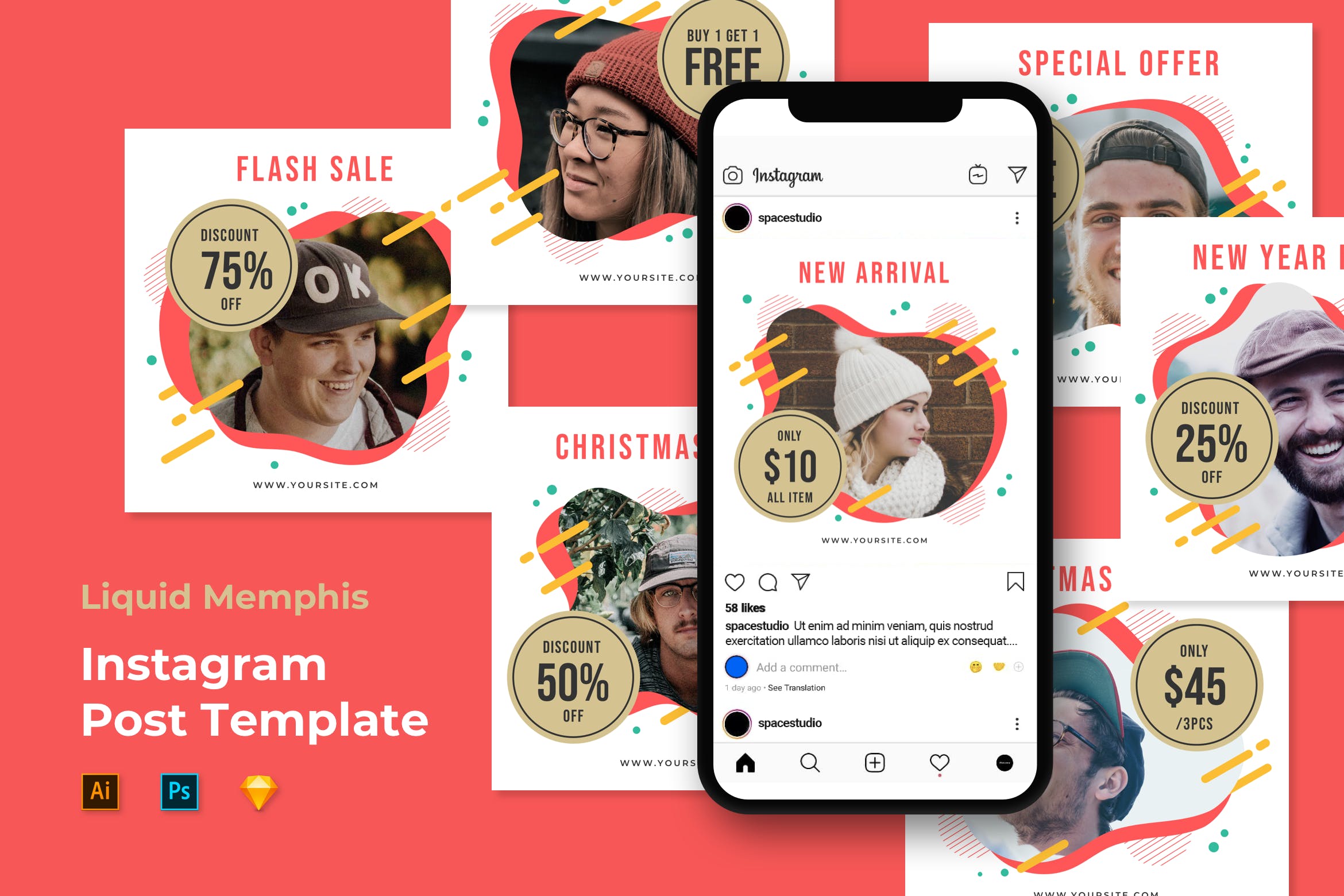 抽象液体图形孟菲斯风格Instagram社交贴图设计模板素材库精选 Instagram Templates插图