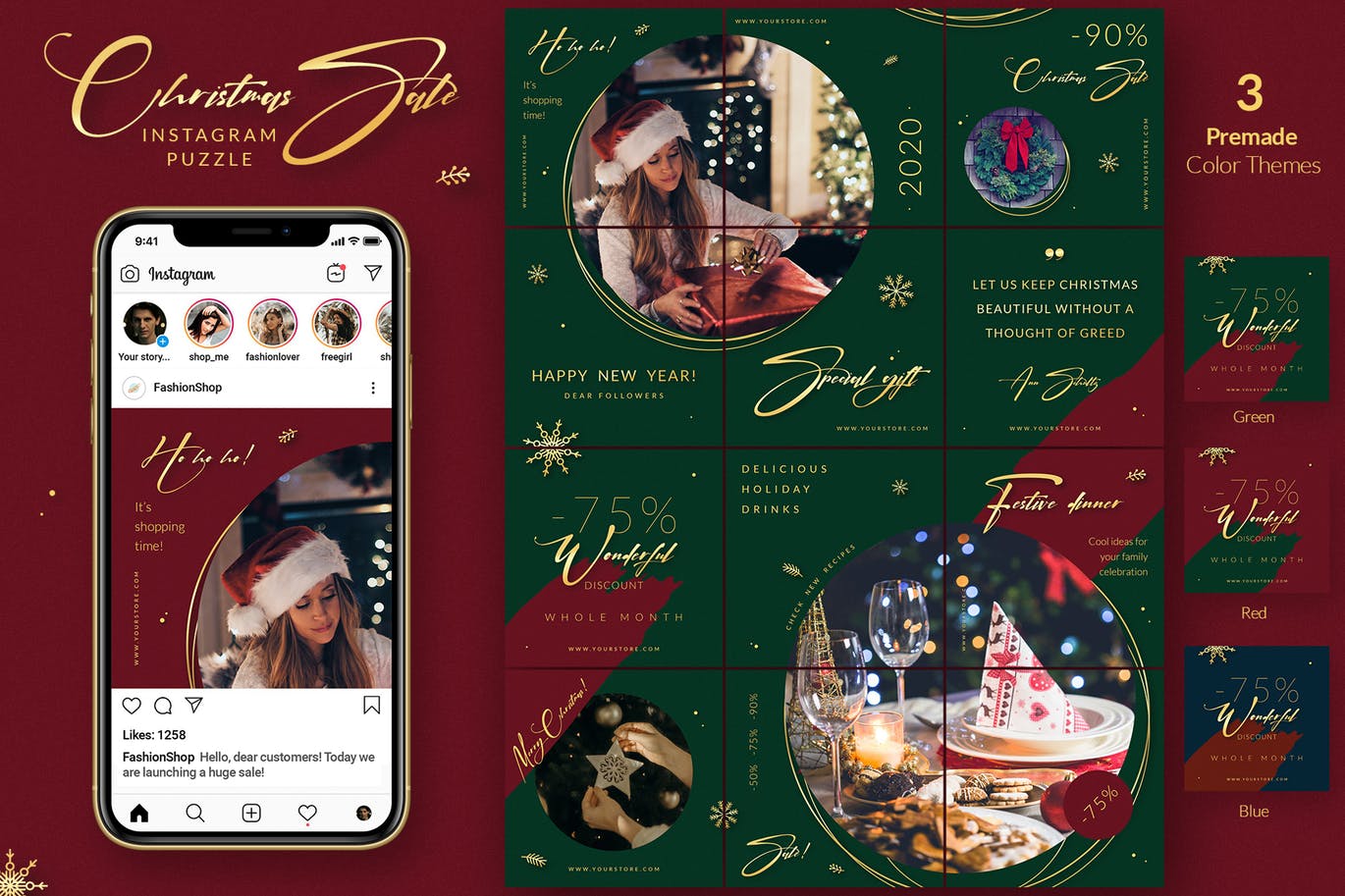 圣诞节主题拼图设计风Instagram社交设计素材 Christmas Puzzle – Instagram Posts插图(1)