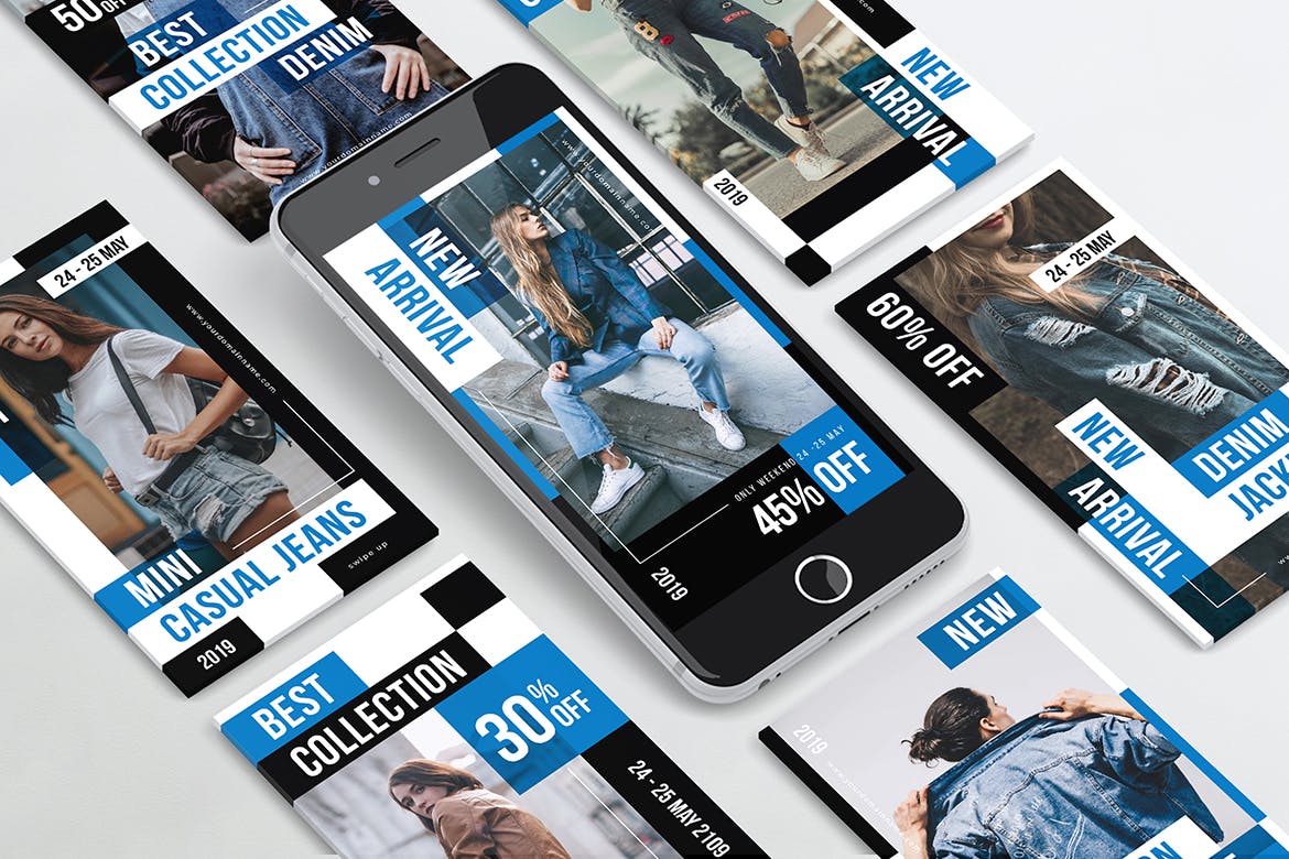 牛仔服饰Instagram品牌推广PSD&AI模板素材库精选 Denim Clothing Instagram Stories PSD & AI Template插图(1)