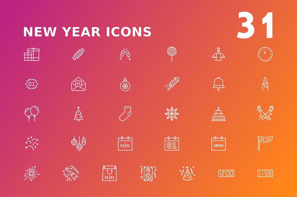 16种风格多尺寸的新年矢量图标合辑下载[png,svg]插图(1)