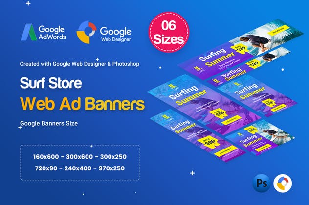 冲浪板单品促销HTML5横幅素材库精选广告模板 Surf Board Banners HTML5 Ad D41 – GWD & PSD插图(1)