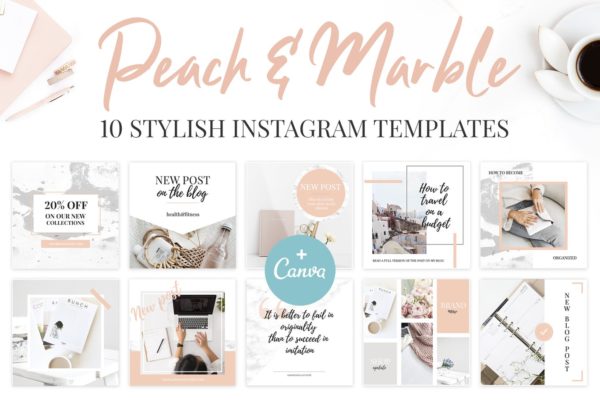 桃色大理石纹理Instagram社交推广设计素材包 Canva Instagram Templates. Peach &amp; Marble