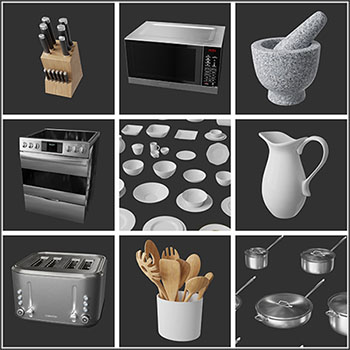 20款碗勺锅具热水壶砧板刀具微波炉灶具等素材之家精选3D模型
