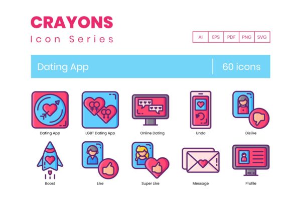 60枚约会主题APP矢量素材库精选图标-蜡笔系列 60 Dating App Icons – Crayon Series