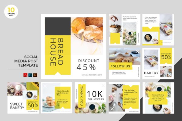 面包店/面包品牌社交媒体广告设计PSD&amp;AI模板素材库精选 Bakery Social Media Kit PSD &amp; AI Template