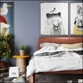 北欧皮革双人床装饰画和盆栽素材之家精选3D模型